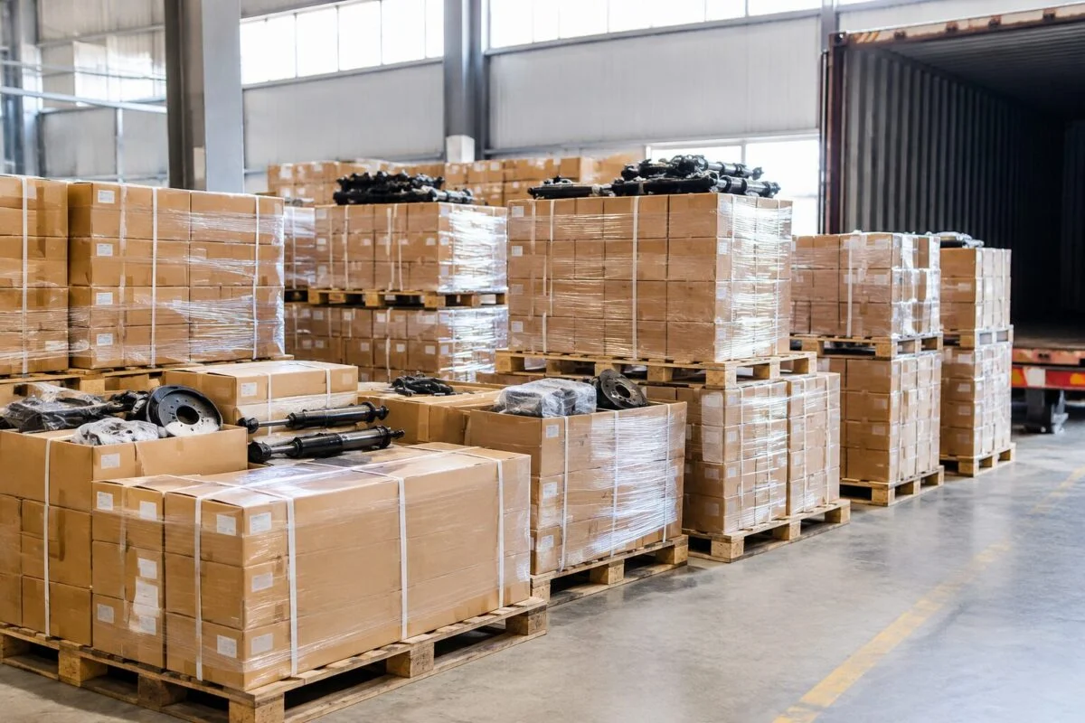 Boxed auto parts stacked on pallets in a warehouse ready for container loading
