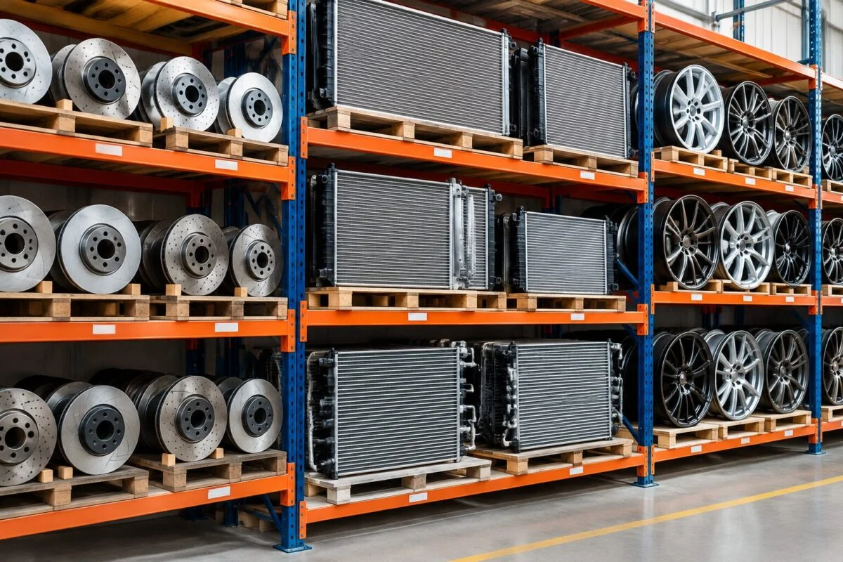 Warehouse racks holding brake discs, radiators, condensers and alloy wheels side by side