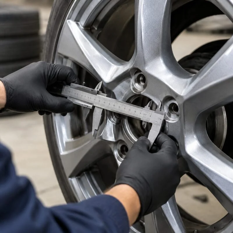 Technician measuring the bolt pattern of an alloy wheel rim with a caliper